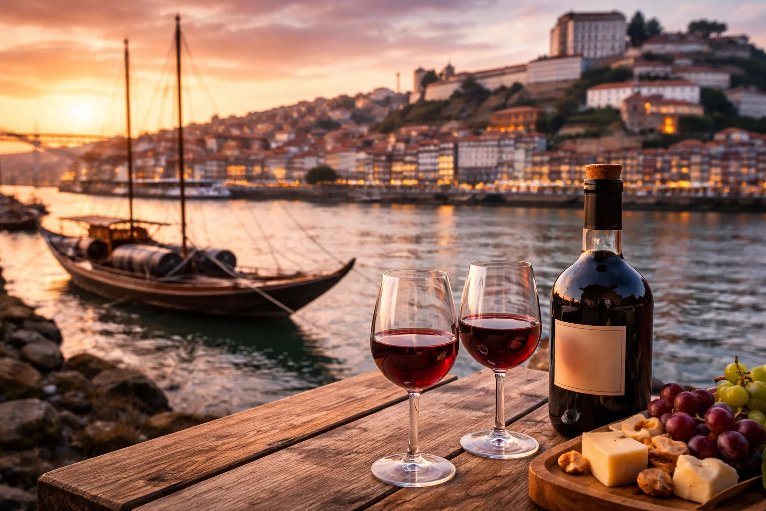 Two glasses of port wine and a bottle beside the Douro at sunset.